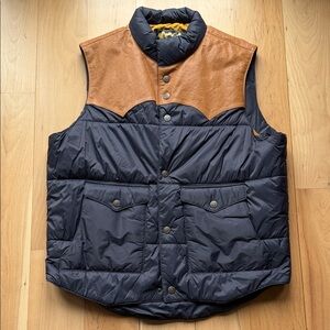 Schaefer Outfitters Men's Quilted Navy Down Vest with Brown leather Yoke